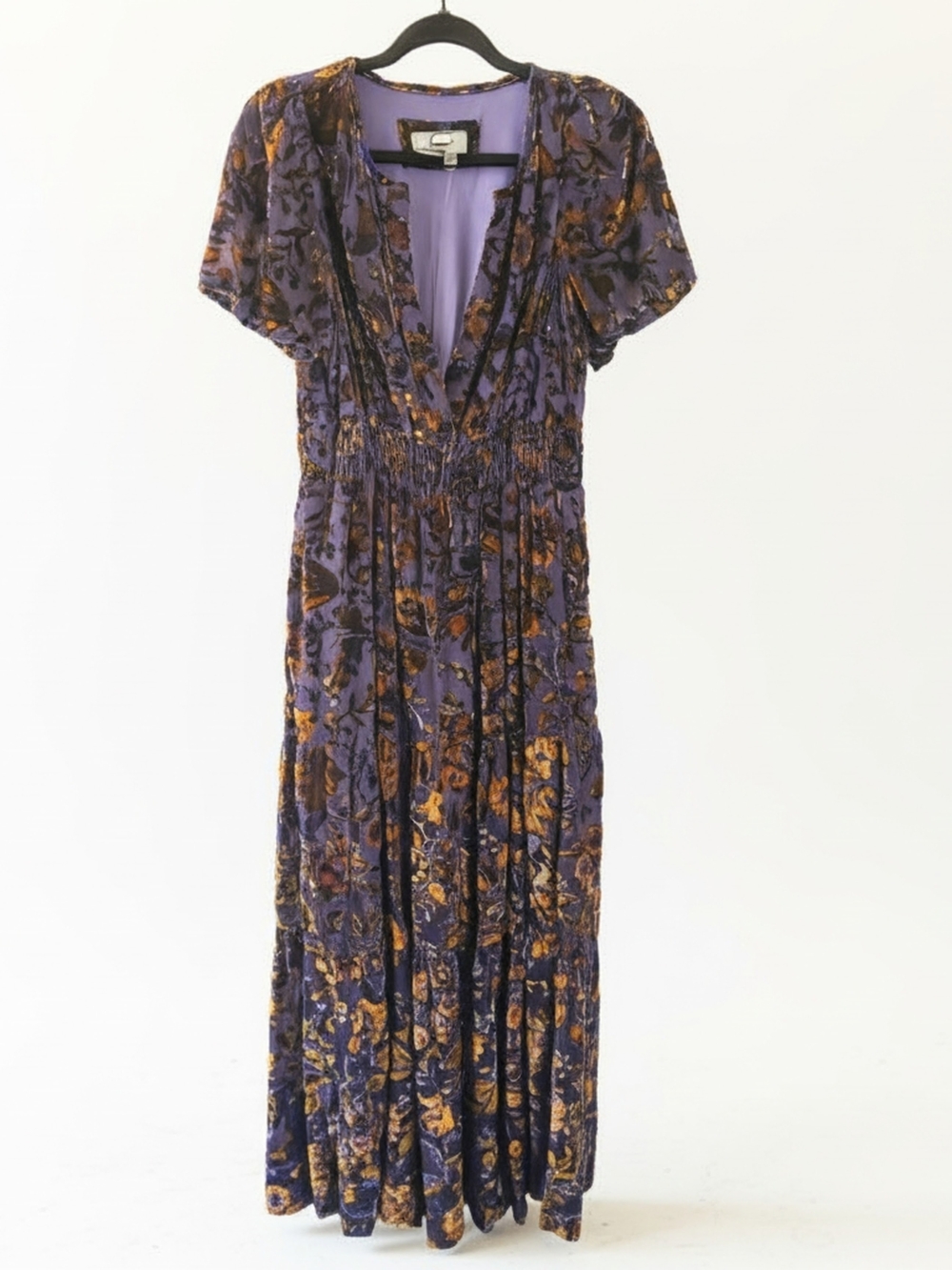 Anthropologie Purple Velvet Maxi Dress with Gold Floral Burnout